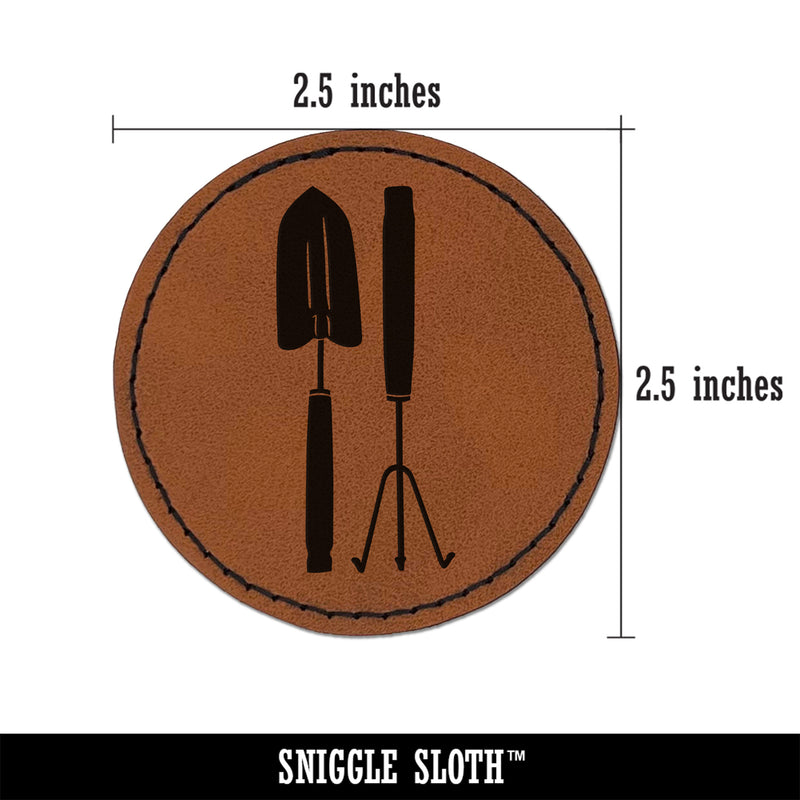 Gardening Tools Trowel Hand Rake Round Iron-On Engraved Faux Leather Patch Applique - 2.5"