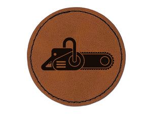 Gas Powered Chainsaw Round Iron-On Engraved Faux Leather Patch Applique - 2.5"