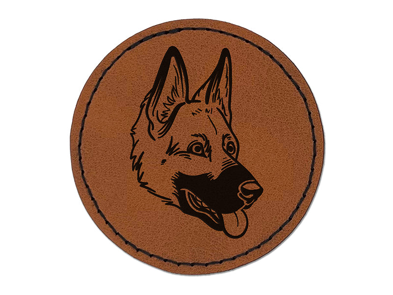 German Shepherd Dog Head Round Iron-On Engraved Faux Leather Patch Applique - 2.5"