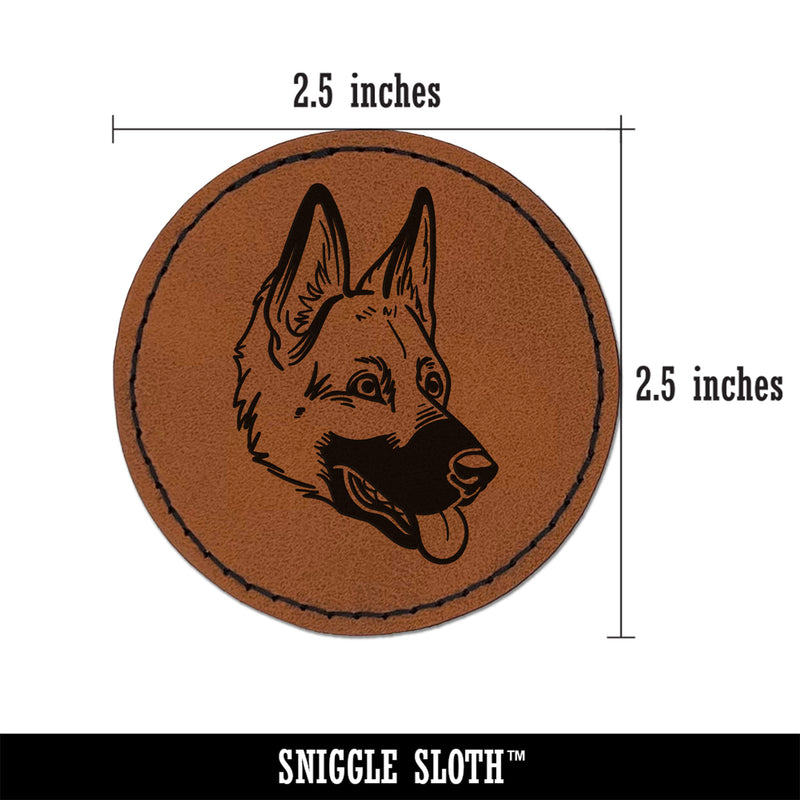 German Shepherd Dog Head Round Iron-On Engraved Faux Leather Patch Applique - 2.5"