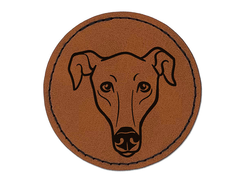 Greyhound Dog Head Round Iron-On Engraved Faux Leather Patch Applique - 2.5"