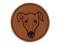 Greyhound Dog Head Round Iron-On Engraved Faux Leather Patch Applique - 2.5"