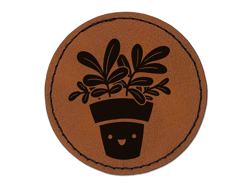 Happy Potted Plant Round Iron-On Engraved Faux Leather Patch Applique - 2.5"