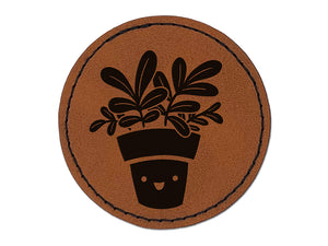 Happy Potted Plant Round Iron-On Engraved Faux Leather Patch Applique - 2.5"