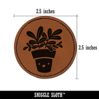 Happy Potted Plant Round Iron-On Engraved Faux Leather Patch Applique - 2.5"