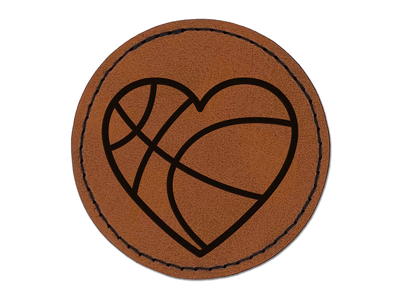 Heart Shaped Basketball Sports Round Iron-On Engraved Faux Leather Patch Applique - 2.5"
