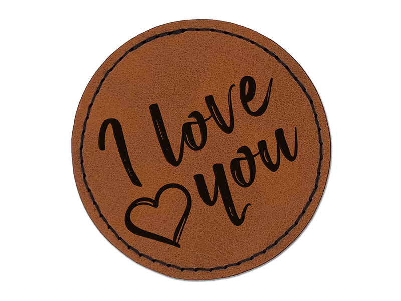 I Love You in English Heart Round Iron-On Engraved Faux Leather Patch Applique - 2.5"