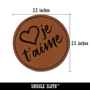 I Love You in French Je T'aime Heart Round Iron-On Engraved Faux Leather Patch Applique - 2.5"