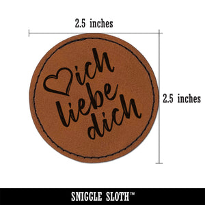 I Love You in German Ich Liebe Dich Heart Round Iron-On Engraved Faux Leather Patch Applique - 2.5"