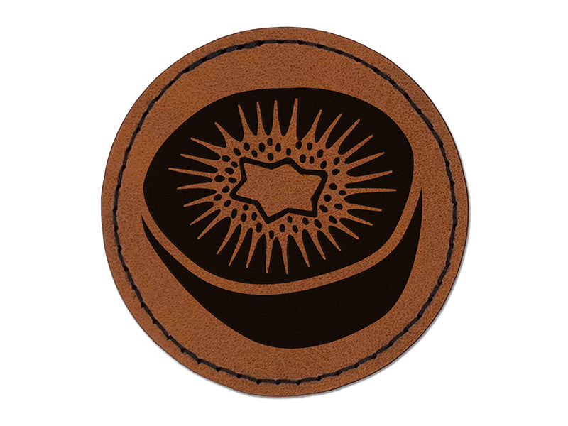 Kiwi Fruit Drawing Round Iron-On Engraved Faux Leather Patch Applique - 2.5"