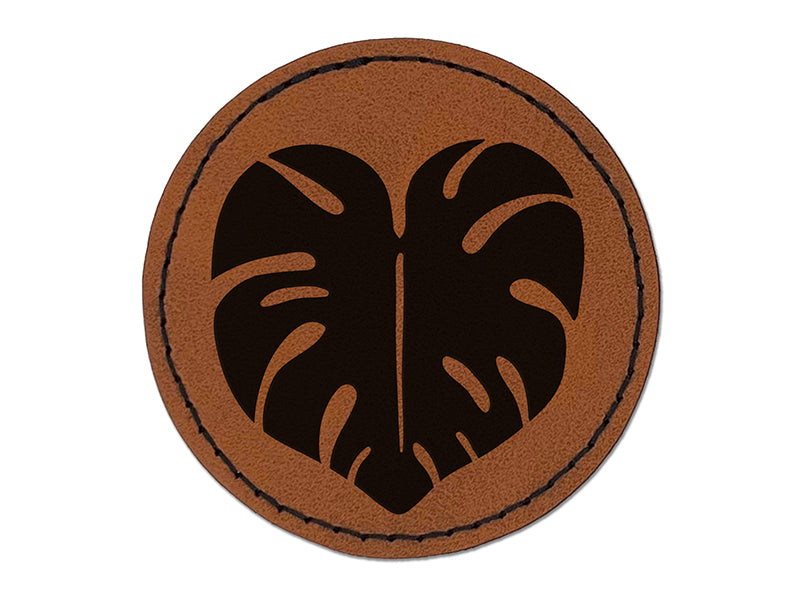 Monstera Leaf Swiss Cheese Plant Round Iron-On Engraved Faux Leather Patch Applique - 2.5"