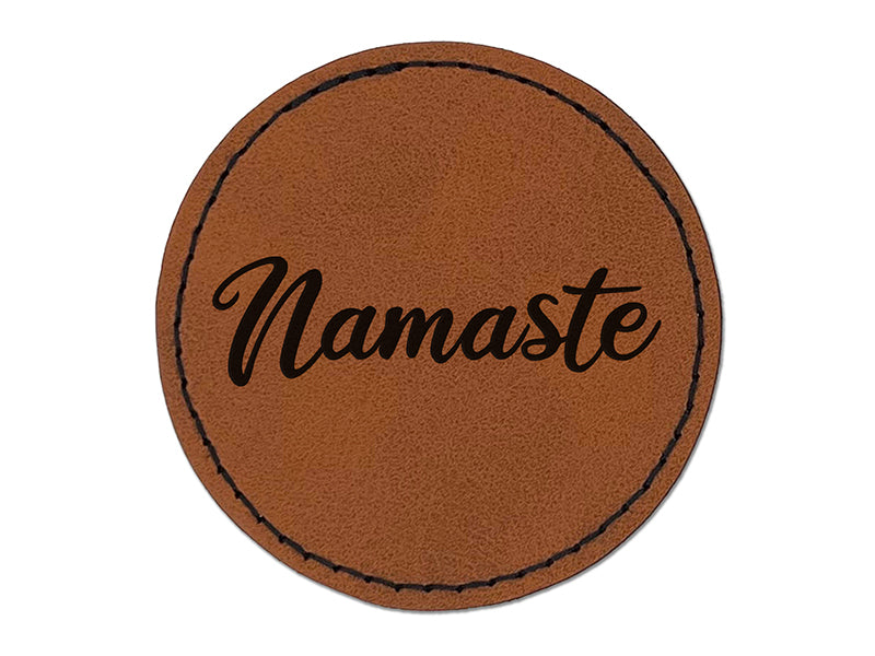 Namaste Script Font Round Iron-On Engraved Faux Leather Patch Applique - 2.5"