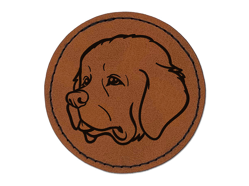 Newfoundland Dog Head Round Iron-On Engraved Faux Leather Patch Applique - 2.5"