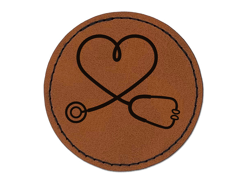 Nurse Doctor Heart Shaped Stethoscope Round Iron-On Engraved Faux Leather Patch Applique - 2.5"