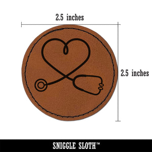 Nurse Doctor Heart Shaped Stethoscope Round Iron-On Engraved Faux Leather Patch Applique - 2.5"