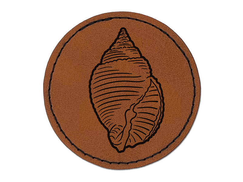 Nutmeg Shell Seashell Beach Round Iron-On Engraved Faux Leather Patch Applique - 2.5"