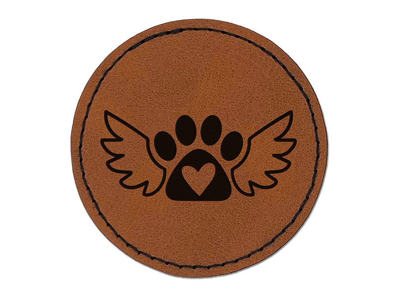 Paw Print Angel Wings with Heart Dog Cat Round Iron-On Engraved Faux Leather Patch Applique - 2.5"