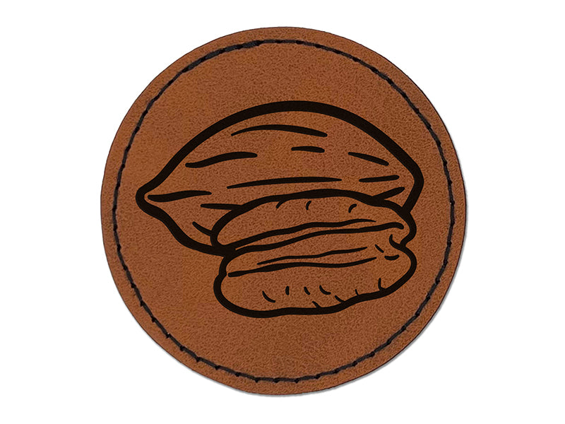 Pecan Nut Drawing Round Iron-On Engraved Faux Leather Patch Applique - 2.5"