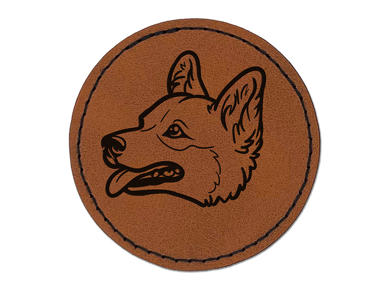 Pembroke Welsh Corgi Head Dog Round Iron-On Engraved Faux Leather Patch Applique - 2.5"