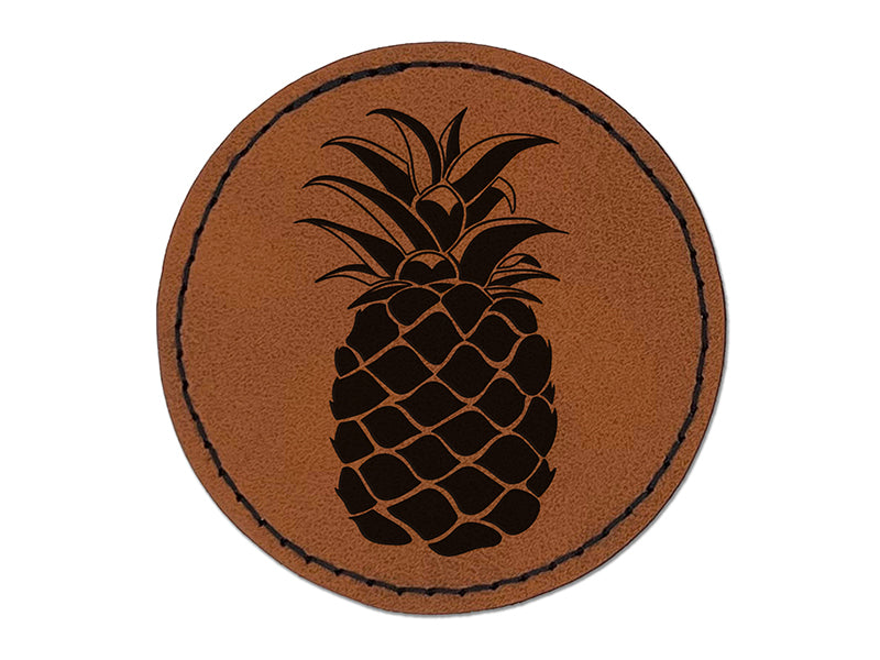 Pineapple Fruit Drawing Round Iron-On Engraved Faux Leather Patch Applique - 2.5"