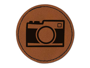 Point and Shoot Camera Photography Round Iron-On Engraved Faux Leather Patch Applique - 2.5"