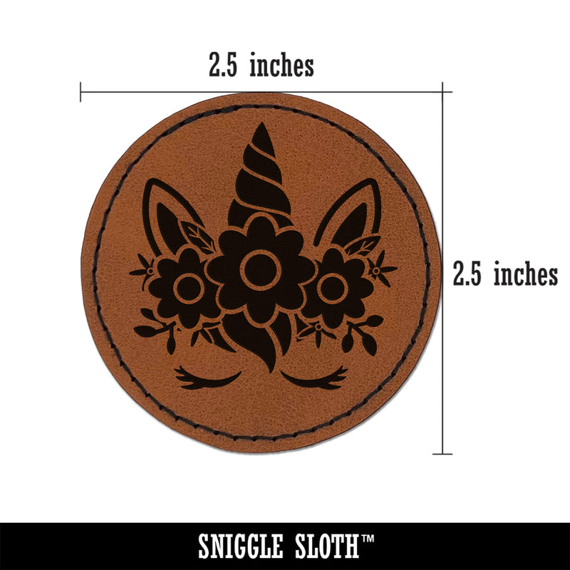 Pretty Sleepy Unicorn Face Round Iron-On Engraved Faux Leather Patch Applique - 2.5"