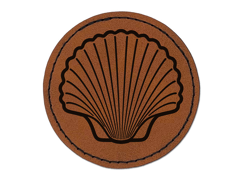 Scallop Seashell Beach Shell Round Iron-On Engraved Faux Leather Patch Applique - 2.5"