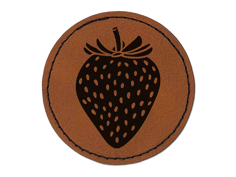 Strawberry Fruit Drawing Round Iron-On Engraved Faux Leather Patch Applique - 2.5"
