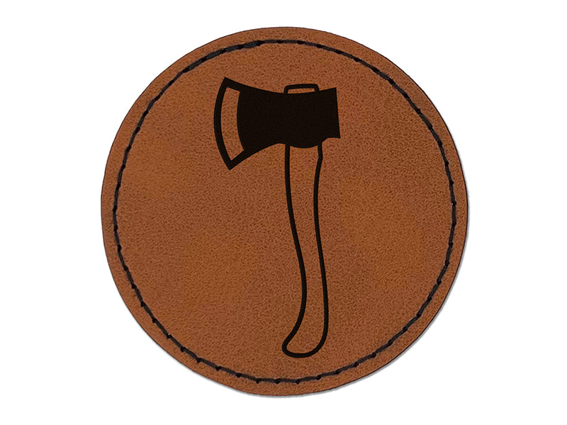 Wood Cutting Axe Round Iron-On Engraved Faux Leather Patch Applique - 2.5"