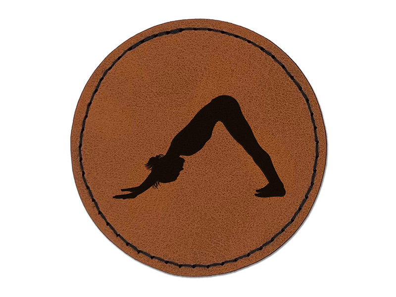 Yoga Downward Facing Dog Pose Round Iron-On Engraved Faux Leather Patch Applique - 2.5"