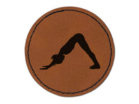 Yoga Downward Facing Dog Pose Round Iron-On Engraved Faux Leather Patch Applique - 2.5"