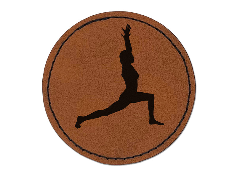 Yoga High Lunge Pose Round Iron-On Engraved Faux Leather Patch Applique - 2.5"