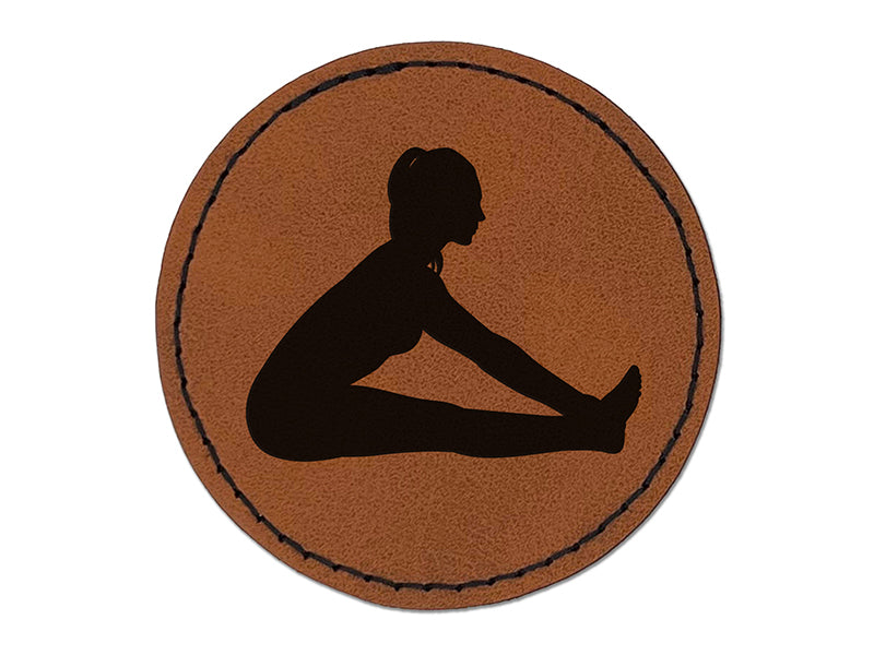 Yoga Seated Forward Bend Pose Round Iron-On Engraved Faux Leather Patch Applique - 2.5"