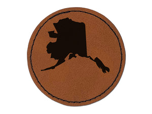 Alaska State Silhouette Round Iron-On Engraved Faux Leather Patch Applique - 2.5"