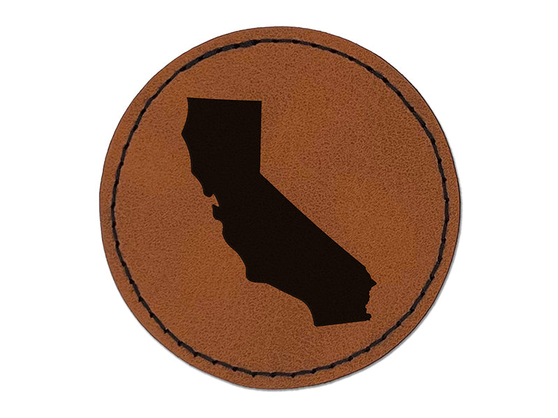 California State Silhouette Round Iron-On Engraved Faux Leather Patch Applique - 2.5"