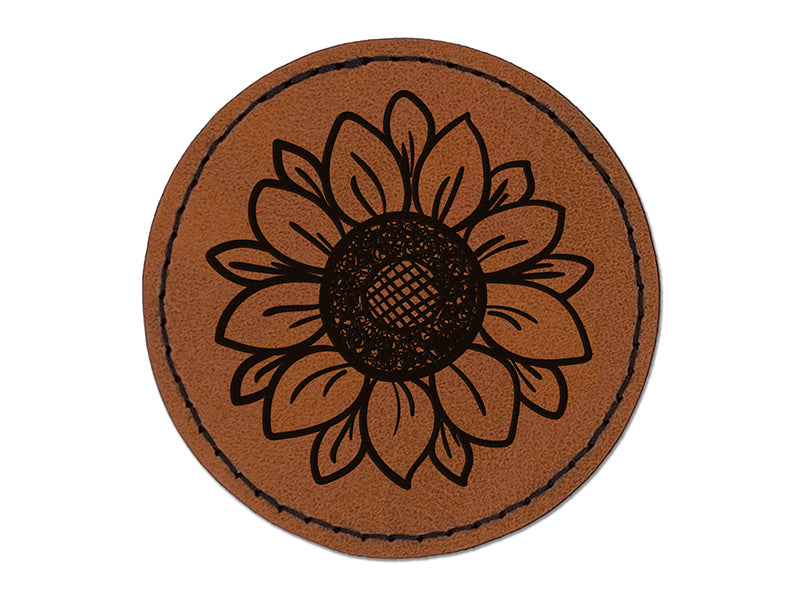 Cute Sunflower Doodle Round Iron-On Engraved Faux Leather Patch Applique - 2.5"