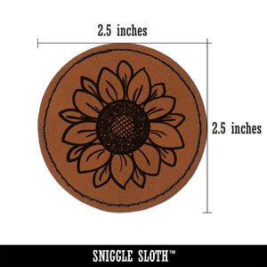 Cute Sunflower Doodle Round Iron-On Engraved Faux Leather Patch Applique - 2.5"