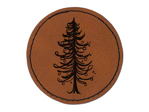 Hand Drawn Artsy Christmas Tree With Ornaments Round Iron-On Engraved Faux Leather Patch Applique - 2.5"