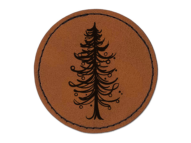 Hand Drawn Artsy Christmas Tree With Ornaments Round Iron-On Engraved Faux Leather Patch Applique - 2.5"