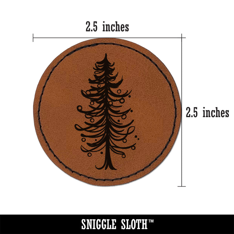 Hand Drawn Artsy Christmas Tree With Ornaments Round Iron-On Engraved Faux Leather Patch Applique - 2.5"