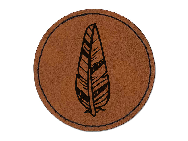 Hand Drawn Artsy Feather Round Iron-On Engraved Faux Leather Patch Applique - 2.5"