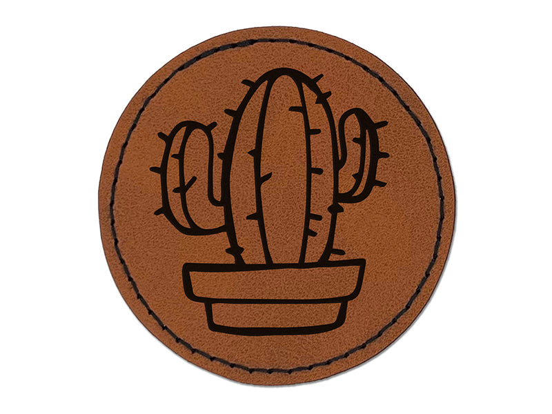 Hand Drawn Cactus Doodle Round Iron-On Engraved Faux Leather Patch Applique - 2.5"