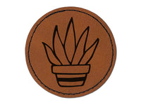 Hand Drawn Cactus Succulent Doodle Round Iron-On Engraved Faux Leather Patch Applique - 2.5"