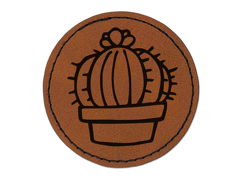 Hand Drawn Cactus With Flower Doodle Round Iron-On Engraved Faux Leather Patch Applique - 2.5"