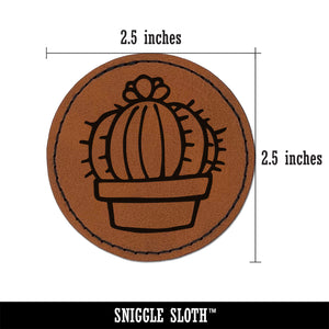 Hand Drawn Cactus With Flower Doodle Round Iron-On Engraved Faux Leather Patch Applique - 2.5"