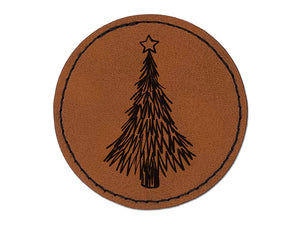 Hand Drawn Christmas Evergreen Tree with Star Round Iron-On Engraved Faux Leather Patch Applique - 2.5"