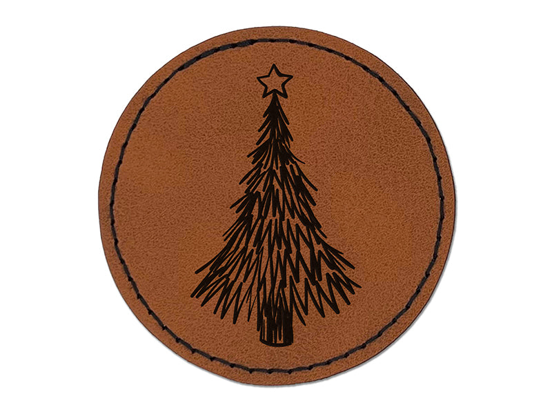 Hand Drawn Christmas Evergreen Tree with Star Round Iron-On Engraved Faux Leather Patch Applique - 2.5"