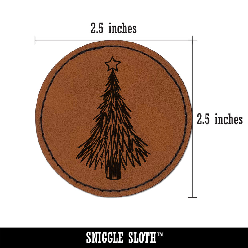 Hand Drawn Christmas Evergreen Tree with Star Round Iron-On Engraved Faux Leather Patch Applique - 2.5"