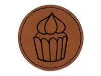 Hand Drawn Cupcake Doodle Round Iron-On Engraved Faux Leather Patch Applique - 2.5"