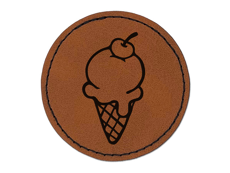 Hand Drawn Cute Ice Cream Cone Doodle Round Iron-On Engraved Faux Leather Patch Applique - 2.5"